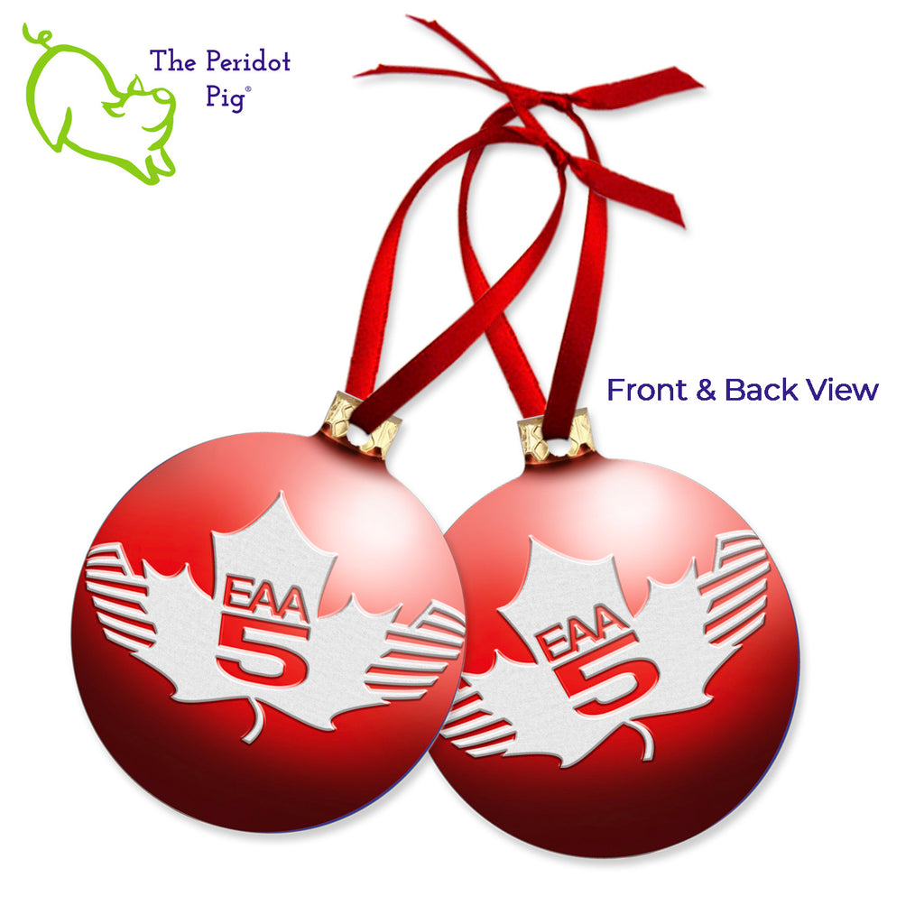 Brighten up your tree with the EAA Chapter 5 Aluminum Ornament! Choose vibrant red or green with the logo in beautiful holiday colors printed on both sides. Light and airy, these light-weight, flat aluminum decorative pieces come complete with a ribbon hanger. Snag one of these keepsakes to get into the holiday spirit! Red-Red style shown.