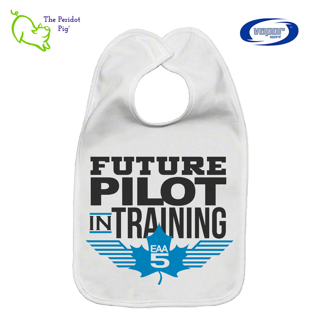 The perfect gift for new parents this Christmas! Adorable and soft, this lovely bib will be a big hit. The bib says, "Future Pilot in Training" in bold letters with the EAA Chapter 5 logo below. Front view shown.