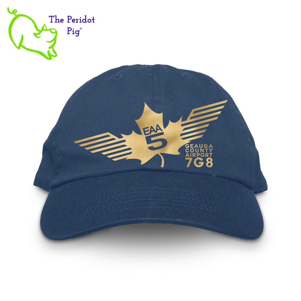 This EAA Chapter 5 Logo Hat offers comfort and style for small plane pilots. Crafted with 100% soft cotton, it features no top button for maximum comfort and comes in five different colors. Enjoy the perfect fit and look with this hat on your next flight. Front view shown in Navy with gold.