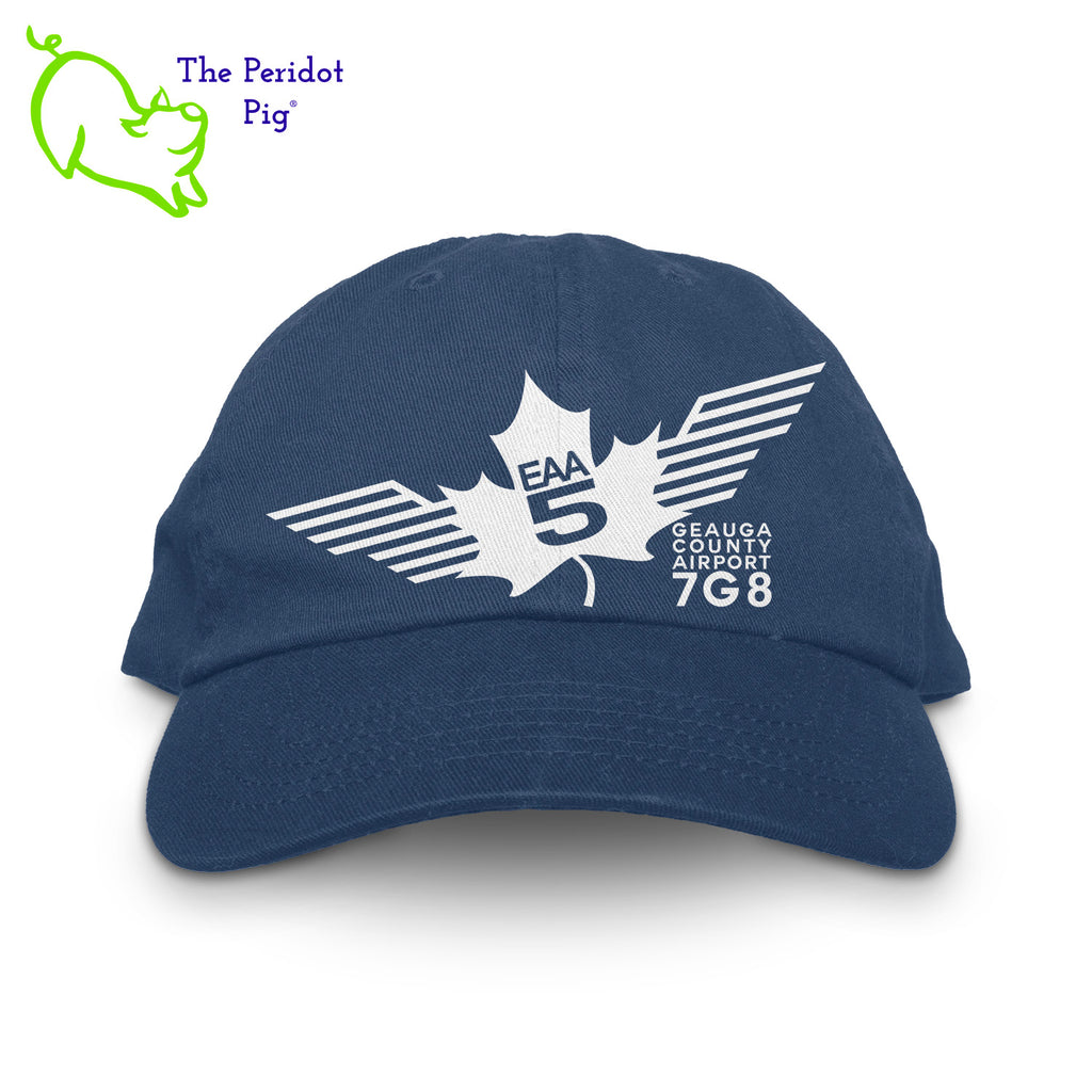 This EAA Chapter 5 Logo Hat offers comfort and style for small plane pilots. Crafted with 100% soft cotton, it features no top button for maximum comfort and comes in five different colors. Enjoy the perfect fit and look with this hat on your next flight. Front view shown in Navy with white.