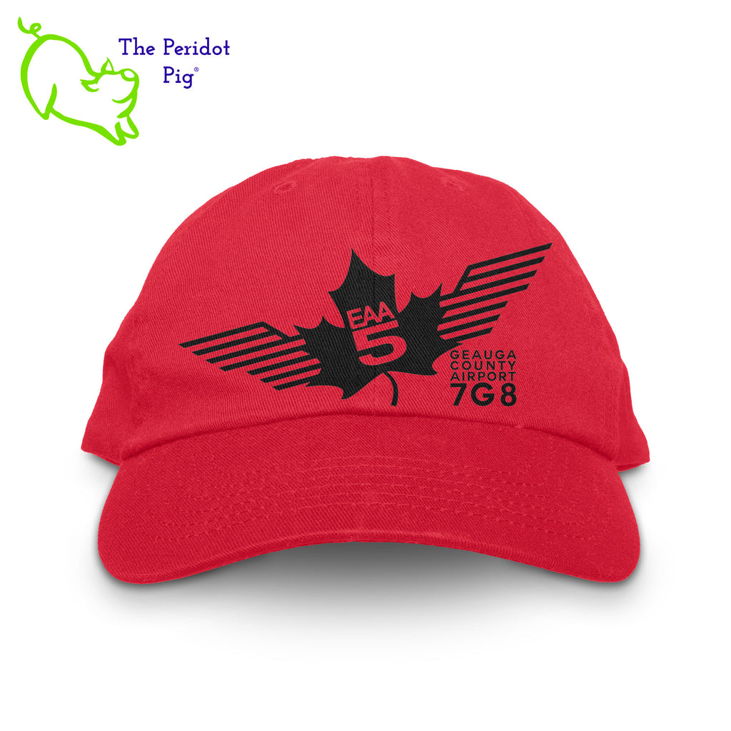 This EAA Chapter 5 Logo Hat offers comfort and style for small plane pilots. Crafted with 100% soft cotton, it features no top button for maximum comfort and comes in five different colors. Enjoy the perfect fit and look with this hat on your next flight. Front view shown in Red with black.