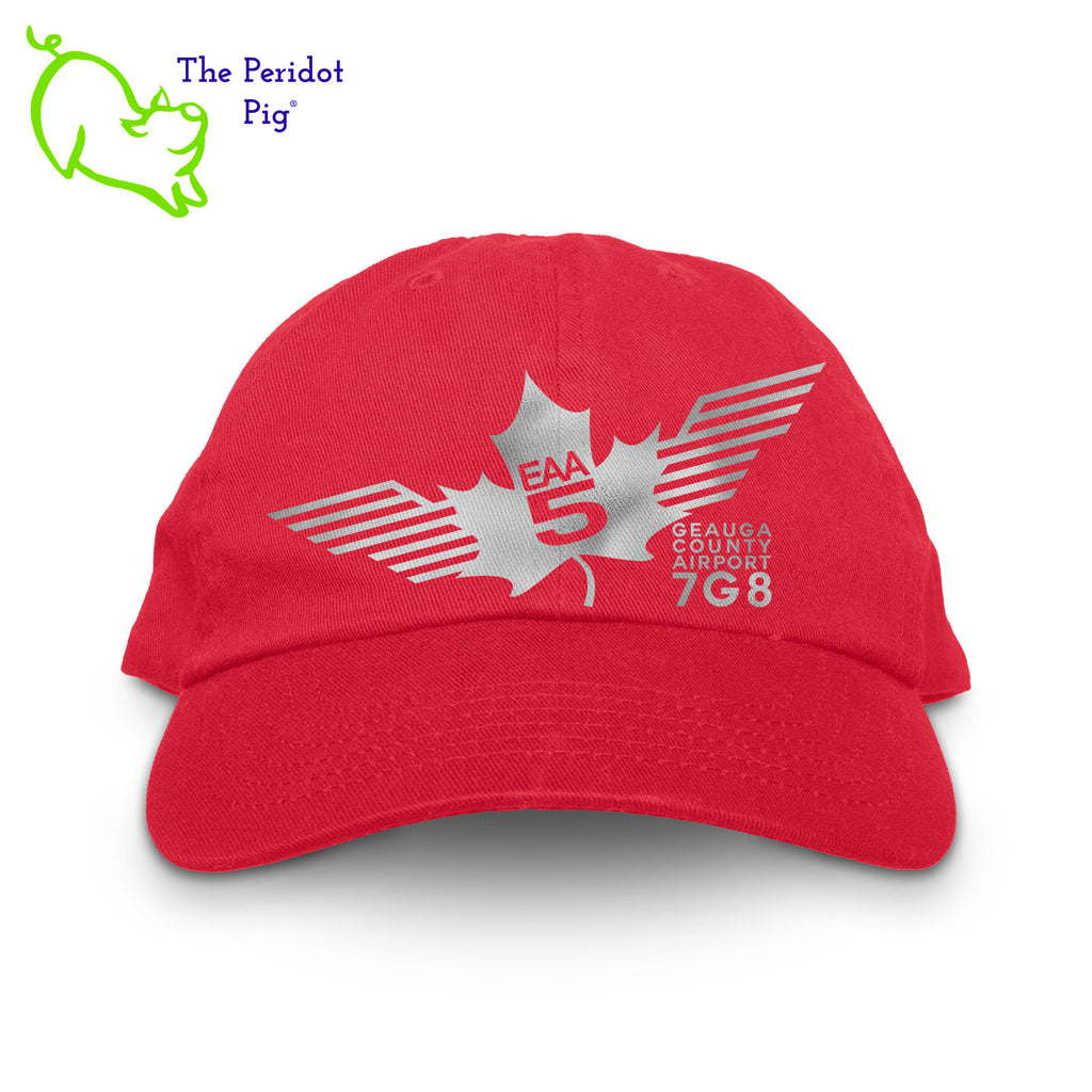 This EAA Chapter 5 Logo Hat offers comfort and style for small plane pilots. Crafted with 100% soft cotton, it features no top button for maximum comfort and comes in five different colors. Enjoy the perfect fit and look with this hat on your next flight.Front view shown in Red with Silver