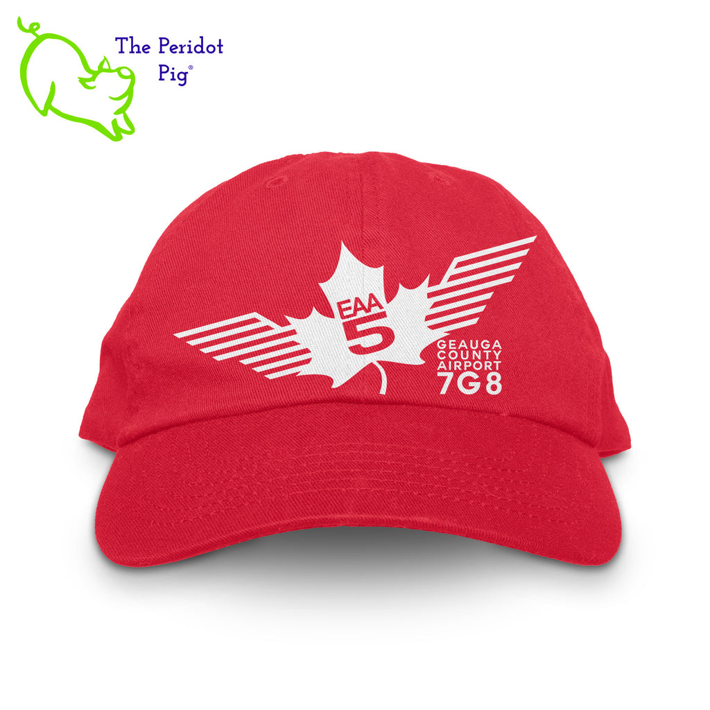 This EAA Chapter 5 Logo Hat offers comfort and style for small plane pilots. Crafted with 100% soft cotton, it features no top button for maximum comfort and comes in five different colors. Enjoy the perfect fit and look with this hat on your next flight. Front view shown in Red with white.
