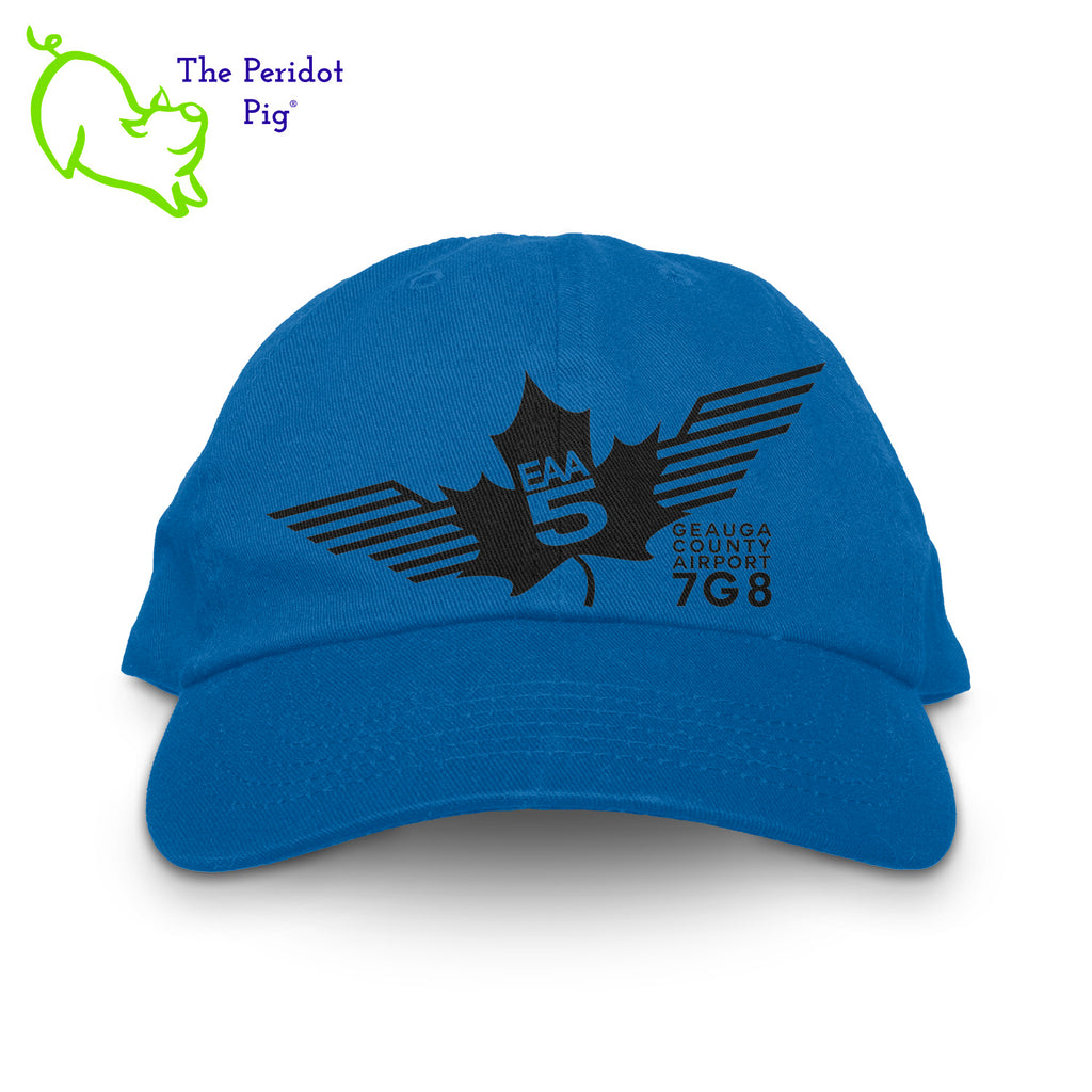 This EAA Chapter 5 Logo Hat offers comfort and style for small plane pilots. Crafted with 100% soft cotton, it features no top button for maximum comfort and comes in five different colors. Enjoy the perfect fit and look with this hat on your next flight. Front view shown in Royal with black.
