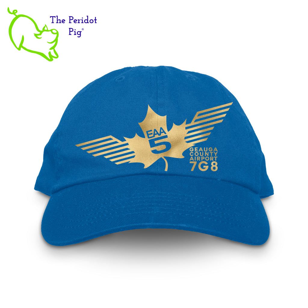 This EAA Chapter 5 Logo Dad Cap offers comfort and style for small-plane pilots. Crafted with 100% soft cotton, it features no top button for maximum comfort and comes in five different colors. Enjoy the perfect fit and look with this cap on your next flight. Front view shown in Royal with gold.
