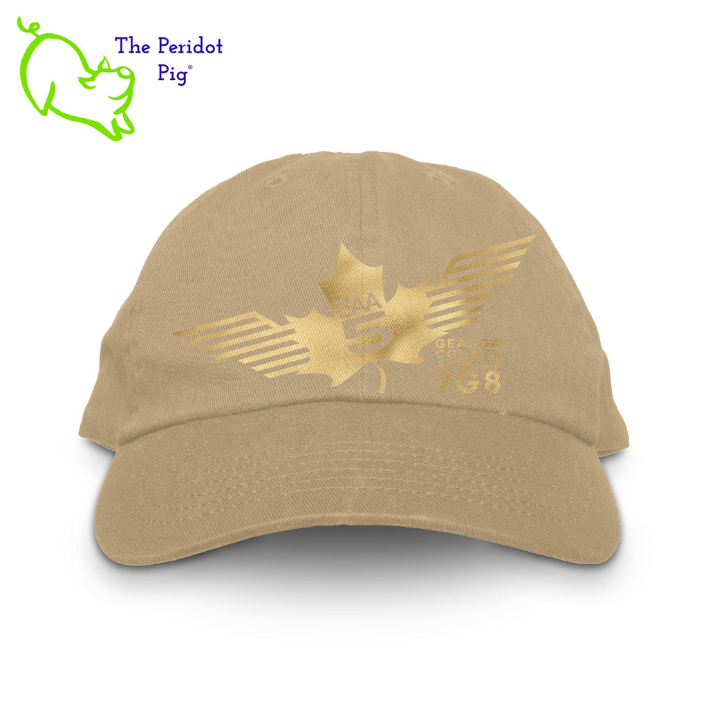 This EAA Chapter 5 Logo Hat offers comfort and style for small plane pilots. Crafted with 100% soft cotton, it features no top button for maximum comfort and comes in five different colors. Enjoy the perfect fit and look with this hat on your next flight. Front view shown in Stone with gold.