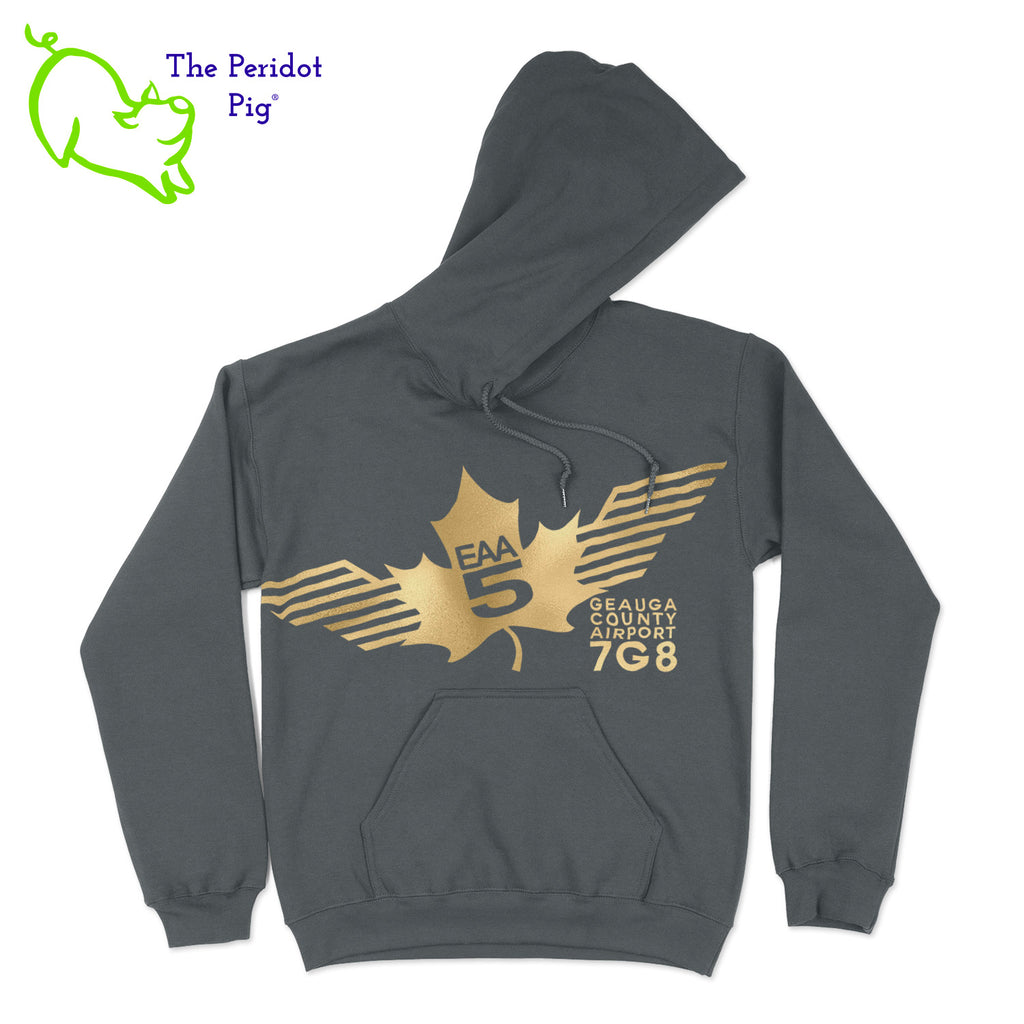 Show your EAA Chapter 5 pride with this stylish pullover hoodie. Whether you are a member of the Experimental Aircraft Association or just a fan, these hoodies are a great add to your wardrobe staples.  Crafted from a soft and comfortable material, this hoodie features a loose cut and the EAA Chapter 5 logo in your choice of color on the front. The back is left blank for a classic, minimalist look. Front view shown in Charcoal with a gold logo.