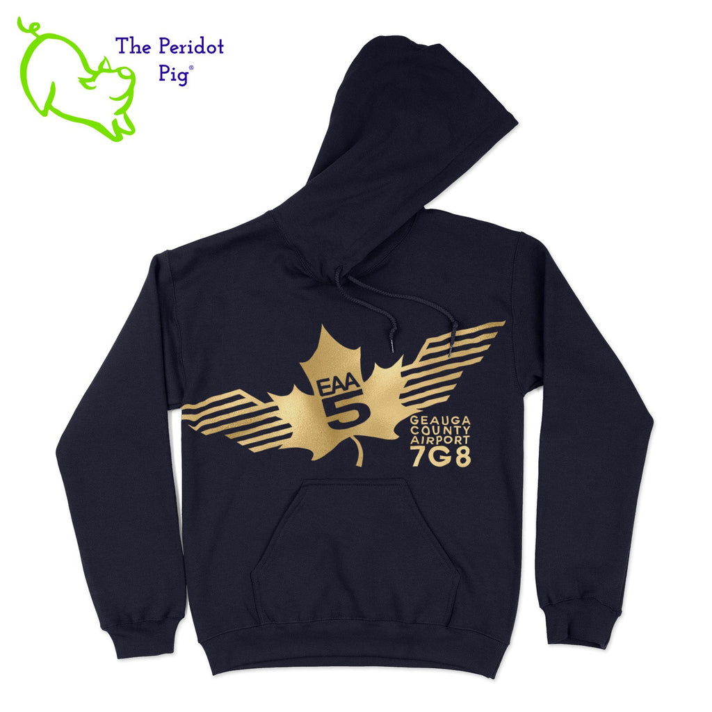 Show your EAA Chapter 5 pride with this stylish pullover hoodie. Whether you are a member of the Experimental Aircraft Association or just a fan, these hoodies are a great add to your wardrobe staples.  Crafted from a soft and comfortable material, this hoodie features a loose cut and the EAA Chapter 5 logo in your choice of color on the front. The back is left blank for a classic, minimalist look. Front view shown in Navy with a gold logo.