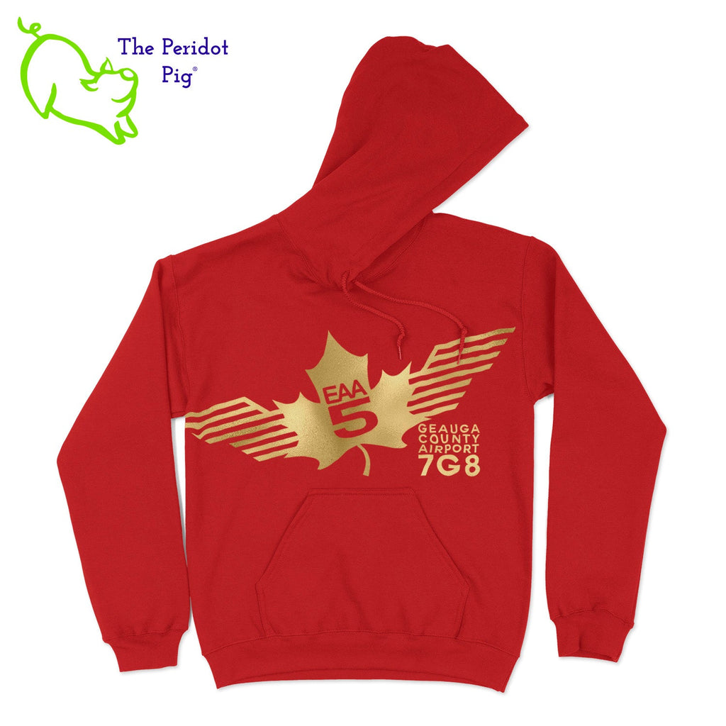 Show your EAA Chapter 5 pride with this stylish pullover hoodie. Whether you are a member of the Experimental Aircraft Association or just a fan, these hoodies are a great add to your wardrobe staples.  Crafted from a soft and comfortable material, this hoodie features a loose cut and the EAA Chapter 5 logo in your choice of color on the front. The back is left blank for a classic, minimalist look. Front view shown in Red with a gold logo.