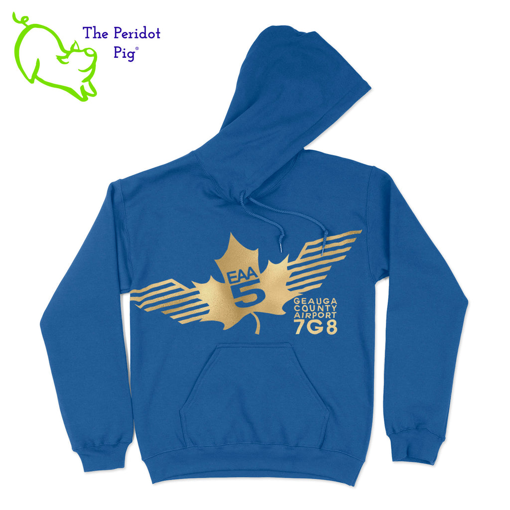 Show your EAA Chapter 5 pride with this stylish pullover hoodie. Whether you are a member of the Experimental Aircraft Association or just a fan, these hoodies are a great add to your wardrobe staples.  Crafted from a soft and comfortable material, this hoodie features a loose cut and the EAA Chapter 5 logo in your choice of color on the front. The back is left blank for a classic, minimalist look. Front view shown in Royal with a gold logo.