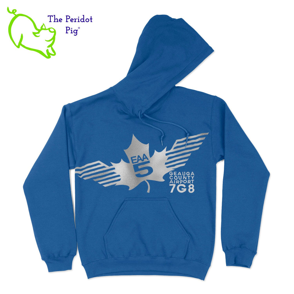 Show your EAA Chapter 5 pride with this stylish pullover hoodie. Whether you are a member of the Experimental Aircraft Association or just a fan, these hoodies are a great add to your wardrobe staples.  Crafted from a soft and comfortable material, this hoodie features a loose cut and the EAA Chapter 5 logo in your choice of color on the front. The back is left blank for a classic, minimalist look. Front view shown in Royal with a silver logo.