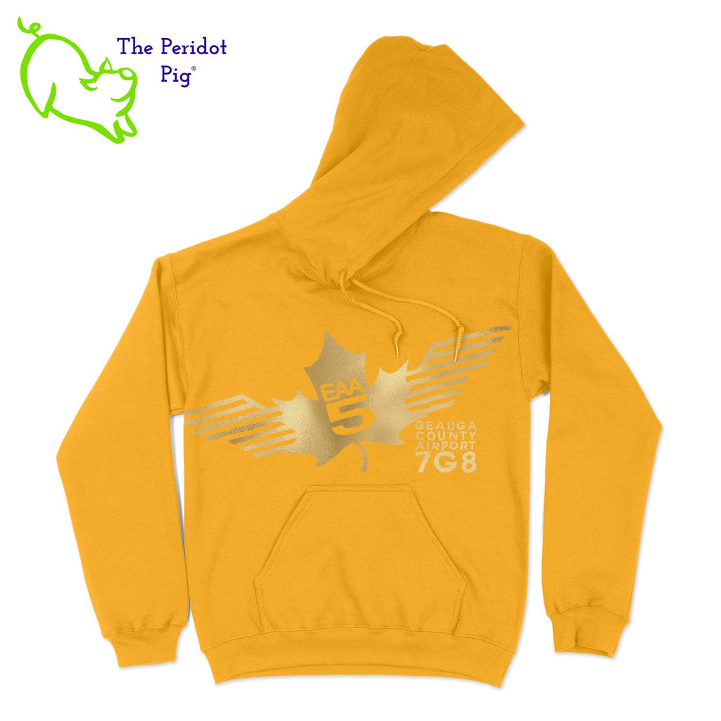 Show your EAA Chapter 5 pride with this stylish pullover hoodie. Whether you are a member of the Experimental Aircraft Association or just a fan, these hoodies are a great add to your wardrobe staples.  Crafted from a soft and comfortable material, this hoodie features a loose cut and the EAA Chapter 5 logo in your choice of color on the front. The back is left blank for a classic, minimalist look. Front view shown in Yellow with a gold logo.