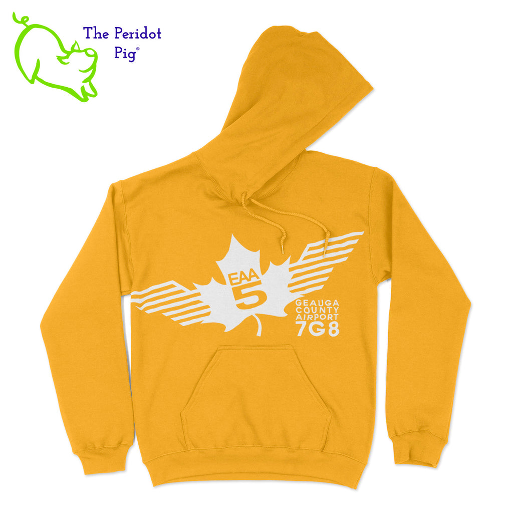 Show your EAA Chapter 5 pride with this stylish pullover hoodie. Whether you are a member of the Experimental Aircraft Association or just a fan, these hoodies are a great add to your wardrobe staples.  Crafted from a soft and comfortable material, this hoodie features a loose cut and the EAA Chapter 5 logo in your choice of color on the front. The back is left blank for a classic, minimalist look. Front view shown in Yellow with a white logo.