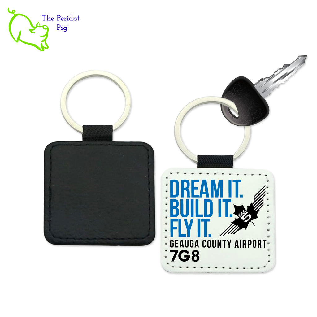 Give your pilot friends the perfect last minute gift: an EAA Chapter 5 Keychain! This key chain is perfect for any set of keys--and with their high quality, faux leather, they won't fade or crease from everyday use. Not to mention, the image stays vibrant! An excellent choice for pilots everywhere.  The key chain is black on the back and printed with the EAA Chapter 5 logo with the text, "Dream It. Build It. Fly It." on the front. Both views shown.
