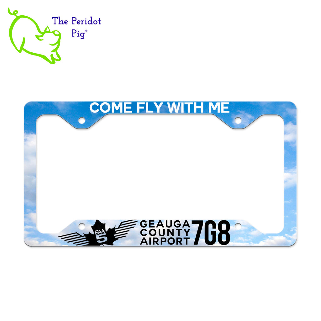 Showcase your support for EAA Chapter 5 with our stylish license plate frame! With a 4.765" articulated viewing area plus cutouts on the corners, this license plate frame is designed to last. High quality aluminum construction offers stability and rust-free durability - plus UV coating over permanent ink ensures it will look great for years to come. Front view Come Fly - CLOUDS shown.