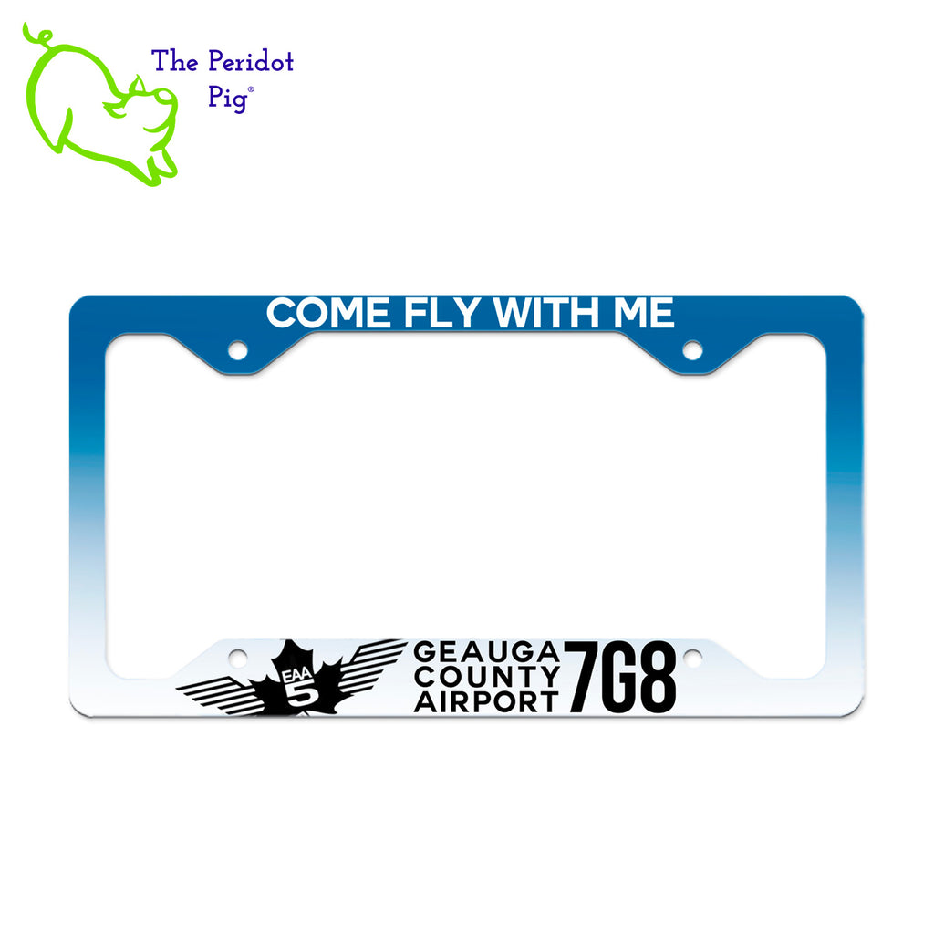 Showcase your support for EAA Chapter 5 with our stylish license plate frame! With a 4.765" articulated viewing area plus cutouts on the corners, this license plate frame is designed to last. High quality aluminum construction offers stability and rust-free durability - plus UV coating over permanent ink ensures it will look great for years to come. Front view Come Fly - Blue Gradient shown.
