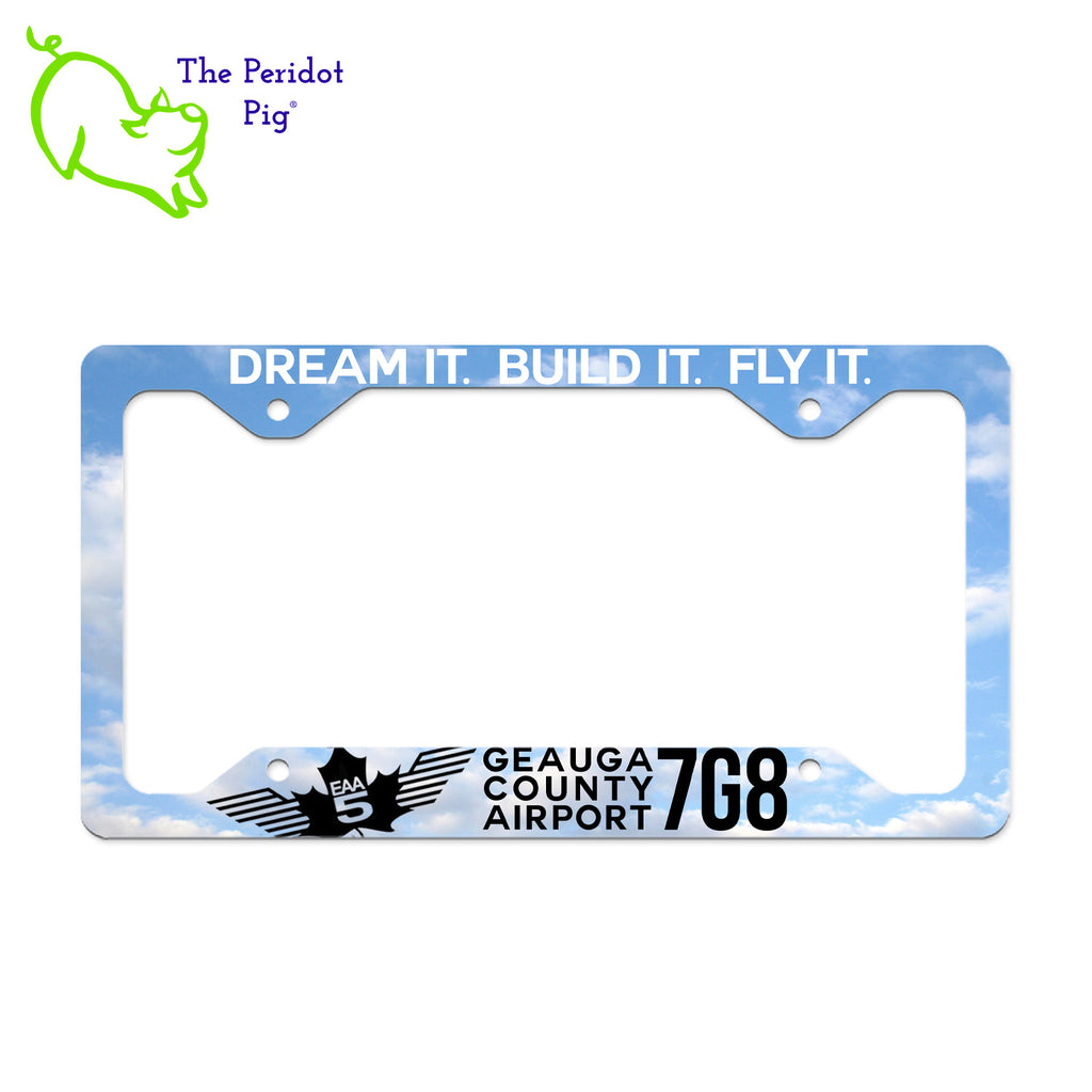 Showcase your support for EAA Chapter 5 with our stylish license plate frame! With a 4.765" articulated viewing area plus cutouts on the corners, this license plate frame is designed to last. High quality aluminum construction offers stability and rust-free durability - plus UV coating over permanent ink ensures it will look great for years to come. Front view Dream It - CLOUDS shown.