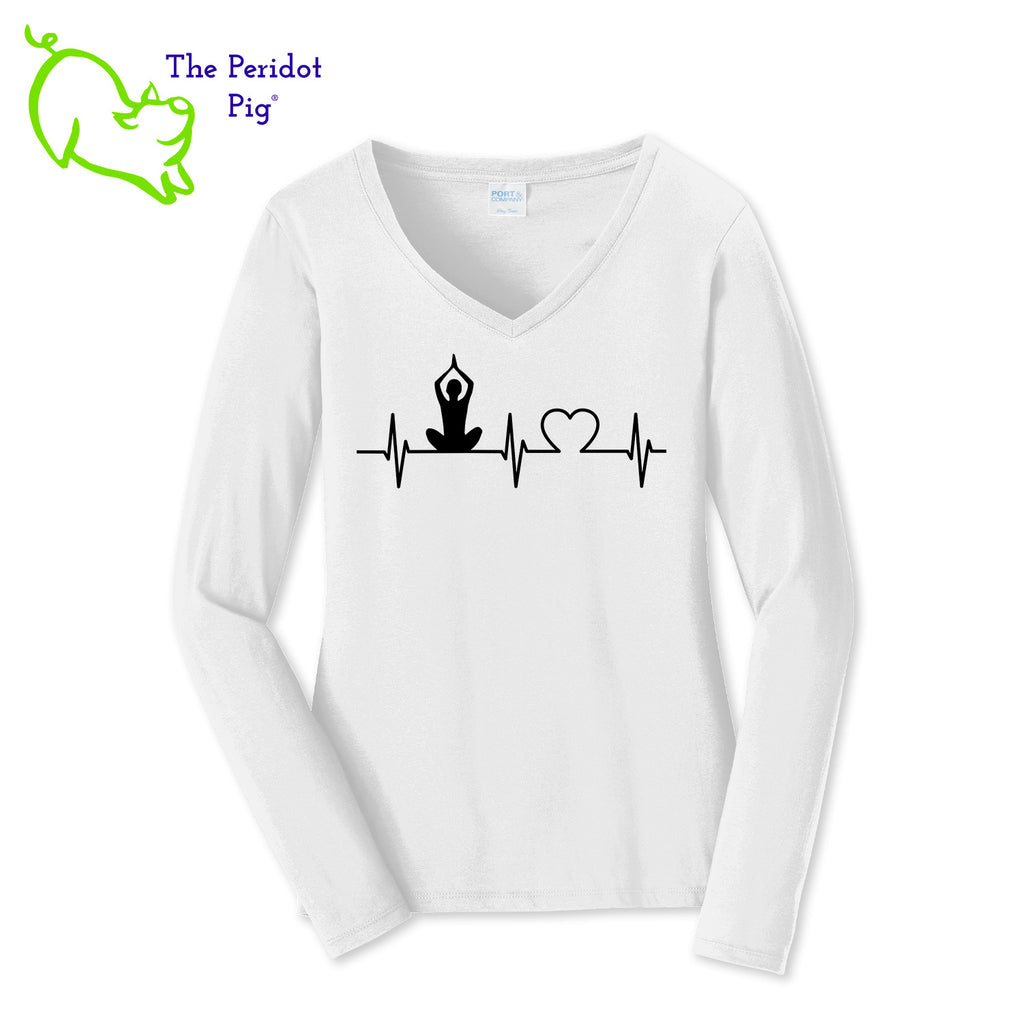 You'll be the biggest fan around of this 100% ring spun cotton tee. The front features an image of a prayer position yogi seated on a heartbeat with a heart, and 'love' is printed on the left sleeve side. The back showcases the Pure Bliss Studios logo. Front view shown in white.