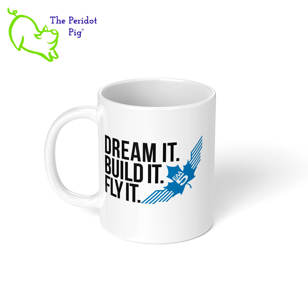 After the caffeine, it's time to fly! This mug features EAA Chapter 5 logo printed in vivid color on a white, glossy ceramic mug. It also includes the saying, "Dream It. Build It. Fly It." The perfect coffee mug for the EAA Chapter 5 member or fan. Left view shown.