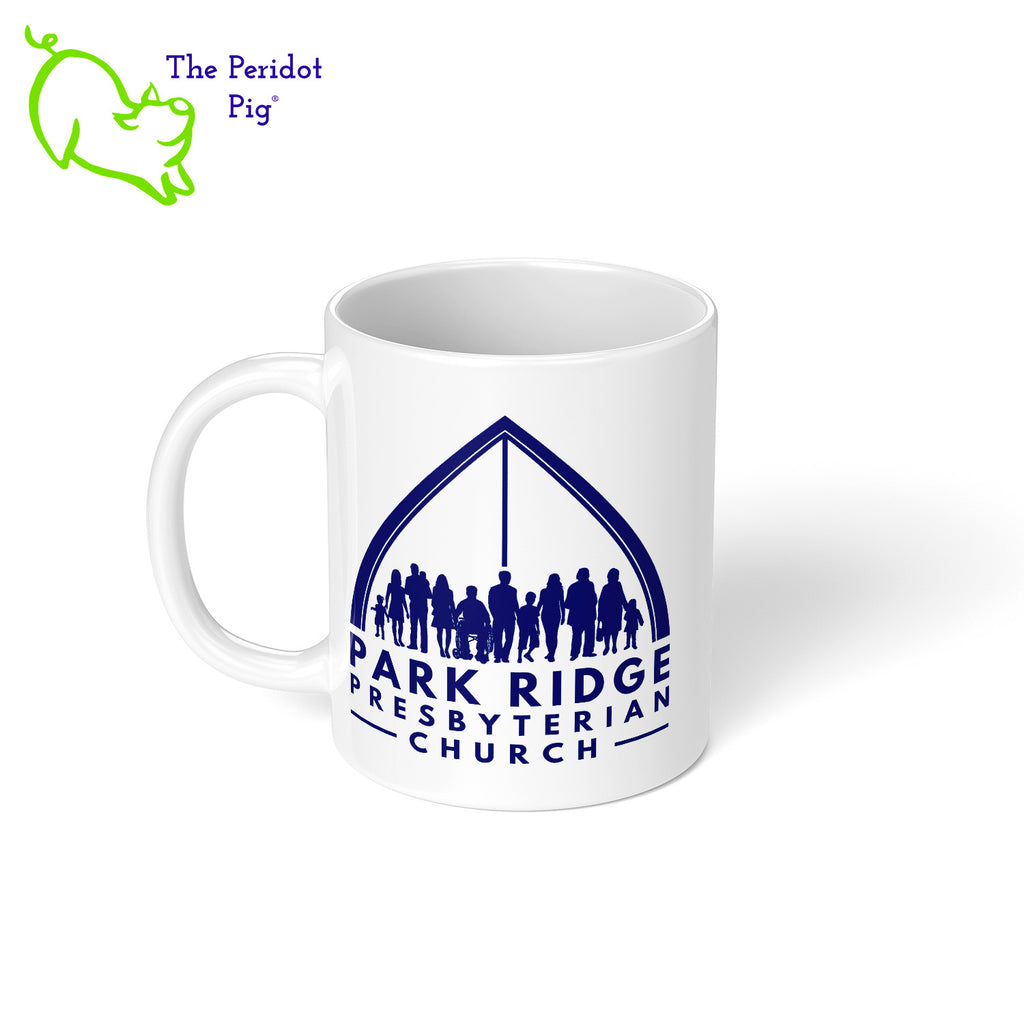 Introducing the stylish Park Ridge Presbyterian mug! Crafted from glossy white ceramic and proudly displaying their logo and name on both sides, this classic mug is the perfect addition to any kitchen. Left view shown.