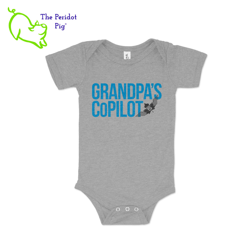 The perfect gift for new parents this Christmas! Adorable and soft, these cute onesies will be a big hit. The front says either, "Grandpa's CoPilot" or "Grandma's CoPilot" in a slightly faded vintage finish with the EAA Chapter 5 logo included. Grandpa Grey front view shown.