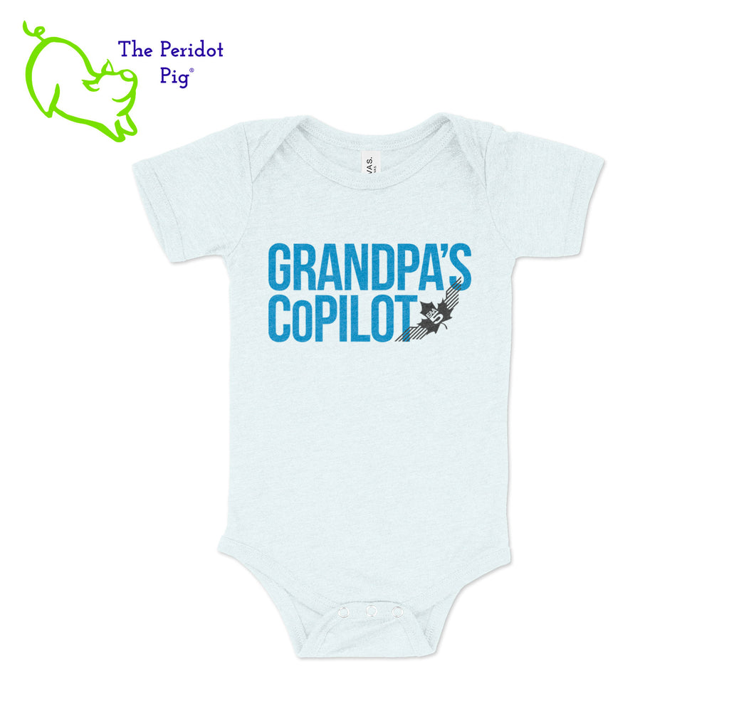 The perfect gift for new parents this Christmas! Adorable and soft, these cute onesies will be a big hit. The front says either, "Grandpa's CoPilot" or "Grandma's CoPilot" in a slightly faded vintage finish with the EAA Chapter 5 logo included. Grandpa Ice Blue front view shown.