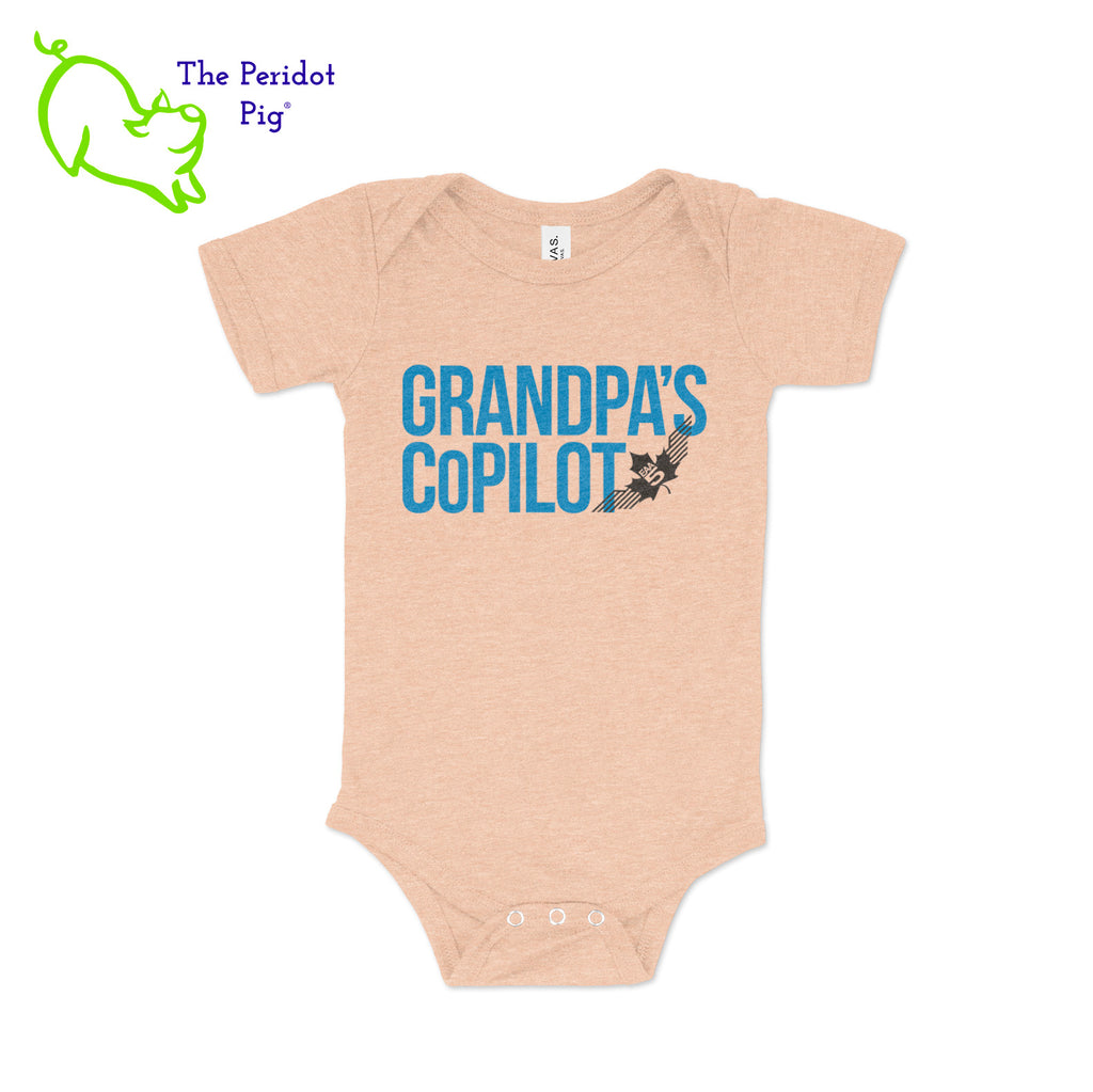 The perfect gift for new parents this Christmas! Adorable and soft, these cute onesies will be a big hit. The front says either, "Grandpa's CoPilot" or "Grandma's CoPilot" in a slightly faded vintage finish with the EAA Chapter 5 logo included. Grandpa Peach front view shown.