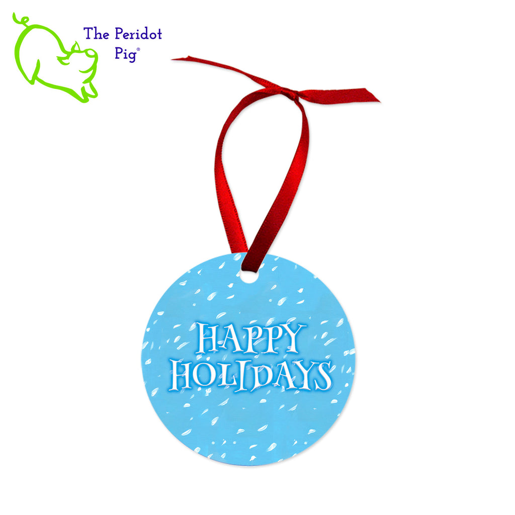 This ornament features the colorful artwork of Cathy Pavia. On the front, you have a choice of five different holiday images. On the back, the ornament says "Happy Holidays" or "Merry Christmas" in bright colors. Back view of the Angel style shown.