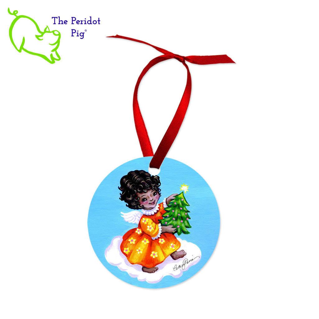 This ornament features the colorful artwork of Cathy Pavia. On the front, you have a choice of five different holiday images. On the back, the ornament says "Happy Holidays" or "Merry Christmas" in bright colors. Front view of the Angel style shown.