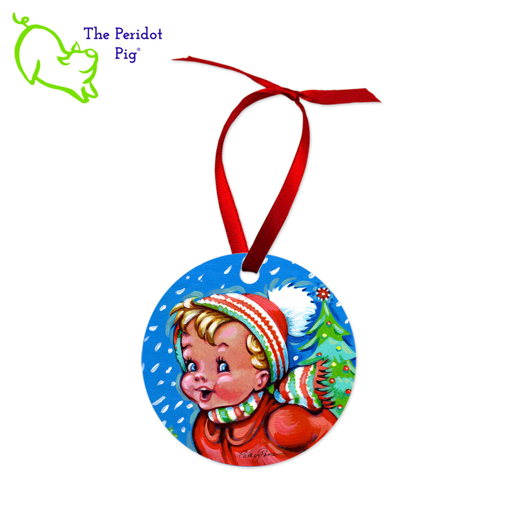 This ornament features the colorful artwork of Cathy Pavia. On the front, you have a choice of five different holiday images. On the back, the ornament says "Happy Holidays" or "Merry Christmas" in bright colors. Front view of the Boy style shown.