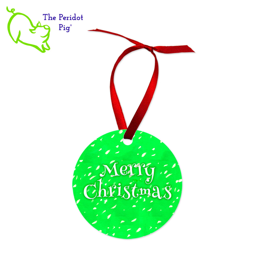This ornament features the colorful artwork of Cathy Pavia. On the front, you have a choice of five different holiday images. On the back, the ornament says "Happy Holidays" or "Merry Christmas" in bright colors. Back view of the Rudolf style shown.
