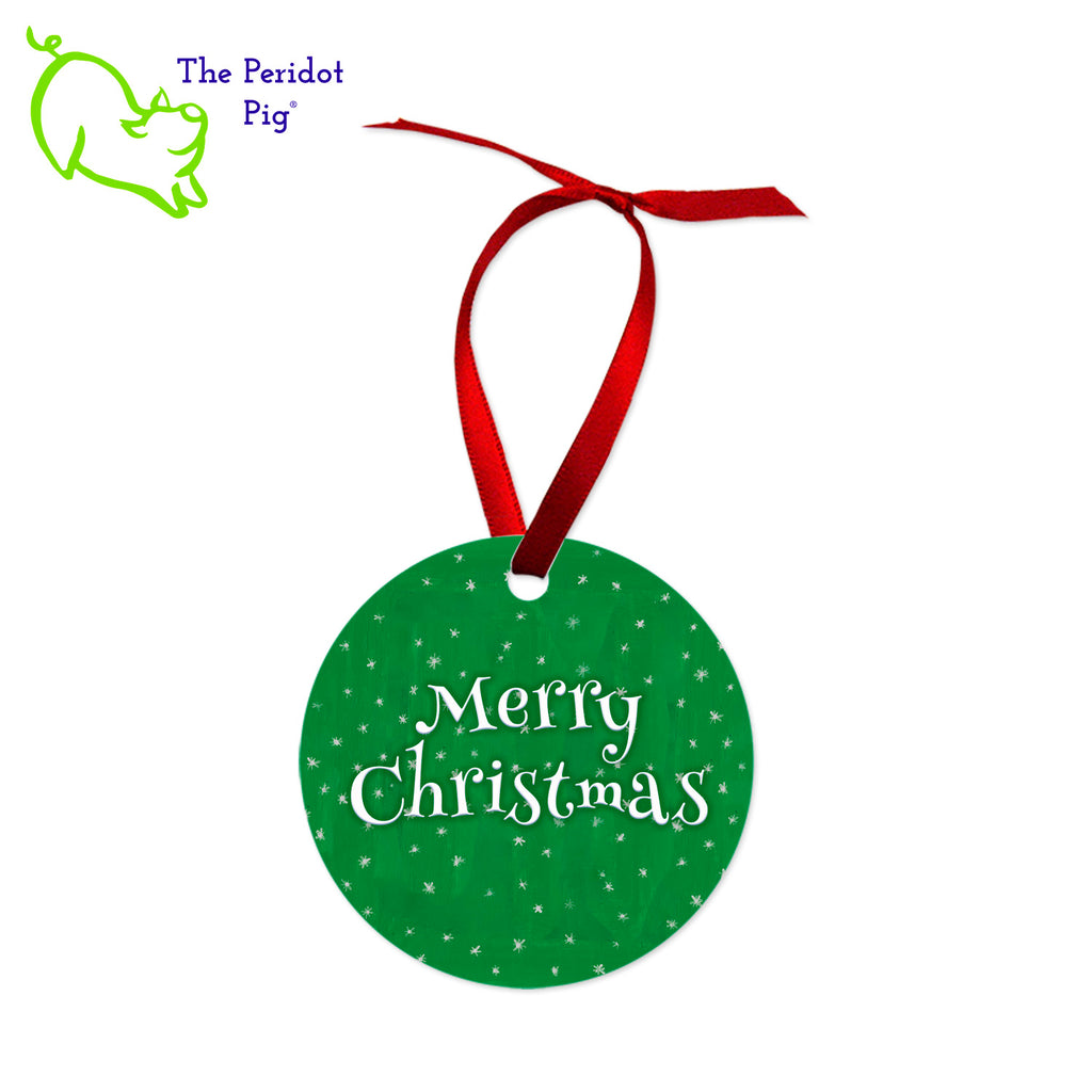 This ornament features the colorful artwork of Cathy Pavia. On the front, you have a choice of five different holiday images. On the back, the ornament says "Happy Holidays" or "Merry Christmas" in bright colors. Back view of the Santa1 style shown.