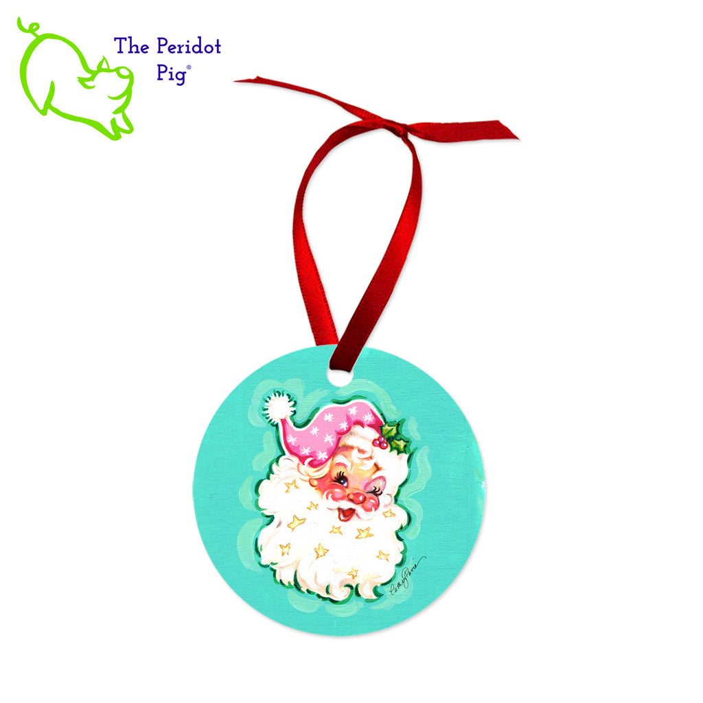 This ornament features the colorful artwork of Cathy Pavia. On the front, you have a choice of five different holiday images. On the back, the ornament says "Happy Holidays" or "Merry Christmas" in bright colors. Front view of the Santa1 style shown.