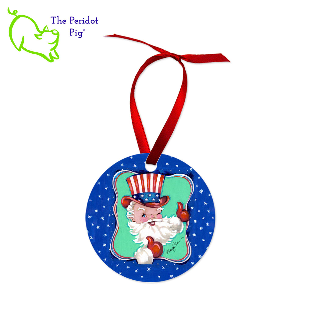This ornament features the colorful artwork of Cathy Pavia. On the front, you have a choice of five different holiday images. On the back, the ornament says "Happy Holidays" or "Merry Christmas" in bright colors. Front view of the Santa2 style shown.