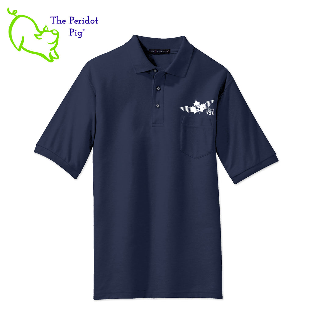 Our popular Silk Touch™ polo—enhanced with a left chest pocket. This one features the EAA Chapter 5 logo above the pocket. Front view shown in Navy-White.