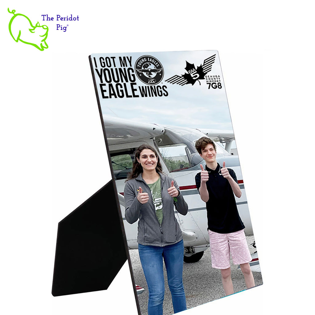 Preserve your Young Eagle experience with a customized photo! We'll print your image to a glossy panel and feature the EAA Chapter 5 and Young Eagles logos at the top. Front view shown with a sample image.