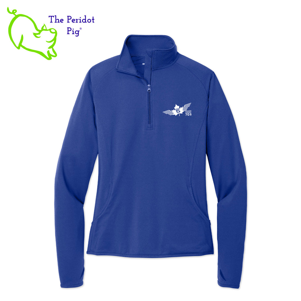 This Fall, make the EAA Chapter 5 Ladies Long Sleeve Quarter Zip your go-to layer! Boasting a soft-brushed backing and moisture control, it's comfortable year-round. And with the stylish Chapter 5 logo on the left chest, it looks perfect for the office or the weekend. Everything you need in one perfect shirt! Front view shown in Royal - White.