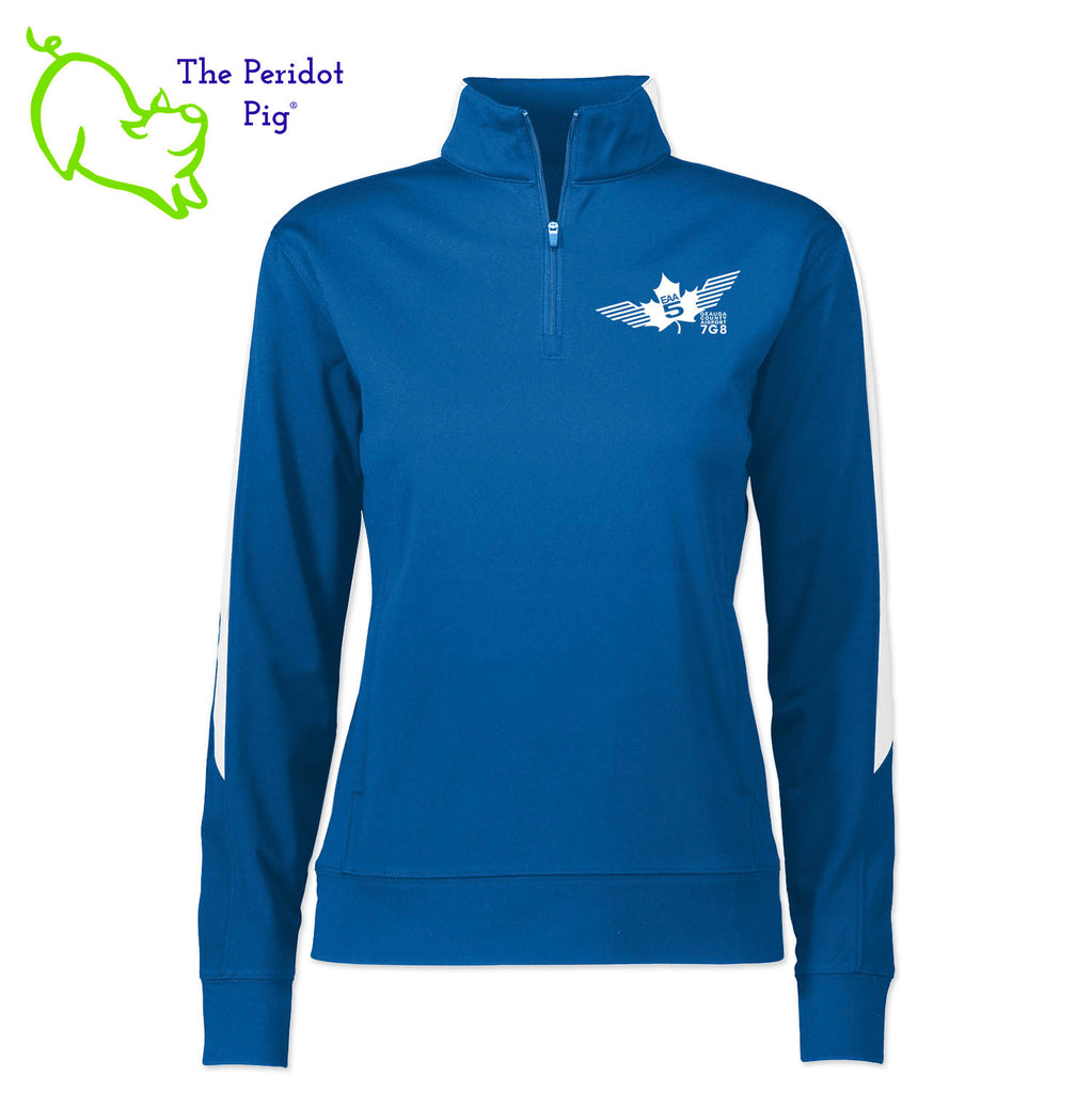 Not only is the EAA Chapter 5 women's logo quarter zip shirt stylish, but it also offers practical features. Made of heavyweight 100% polyester matte brushed tricot, it's ideal for those who prefer a light-weight layer. The contrast color inserts on the collar and shoulder add a touch of sophistication, while the front pouch pocket is perfect for storing your essentials. The women's version is a more slightly tapered cut. Front view shown.