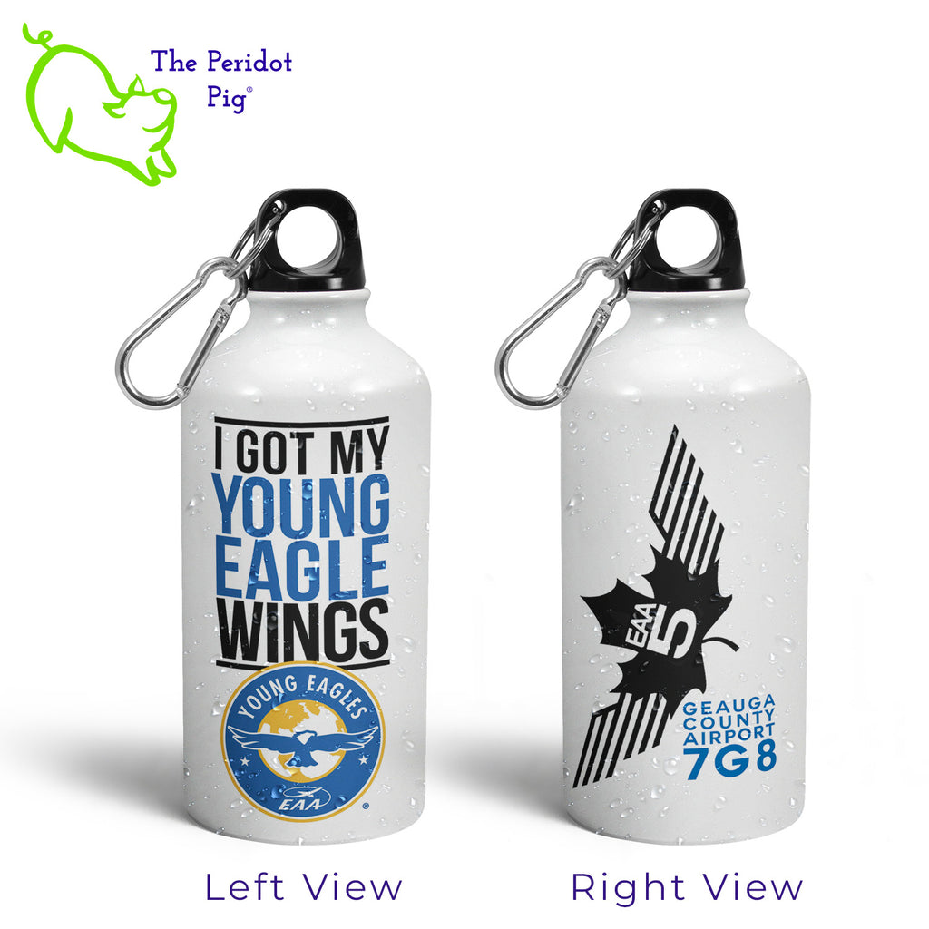 Stay hydrated on the go with the 500-ml Water Bottle! Its glossy white design and carabiner make it the perfect accessory for any hiker or student. Plus, you can show off your EAA Chapter 5 Young Eagle achievement with the logo and text featured on the front. Stay refreshed and carry your favorite chapter wherever you go! Left and right views shown.