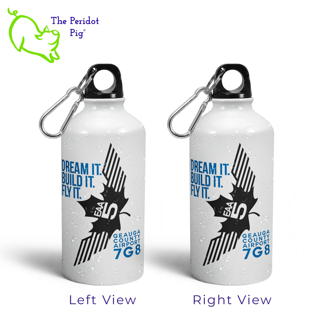 Stay hydrated on the go with the 500-ml Water Bottle! Its glossy white design and carabiner make it the perfect accessory for any hiker or student. Plus, you can show off your EAA Chapter 5 membership with the logo featured on the front and back. Also included is the text, "Dream It. Build It. Fly It." Left and right views shown.