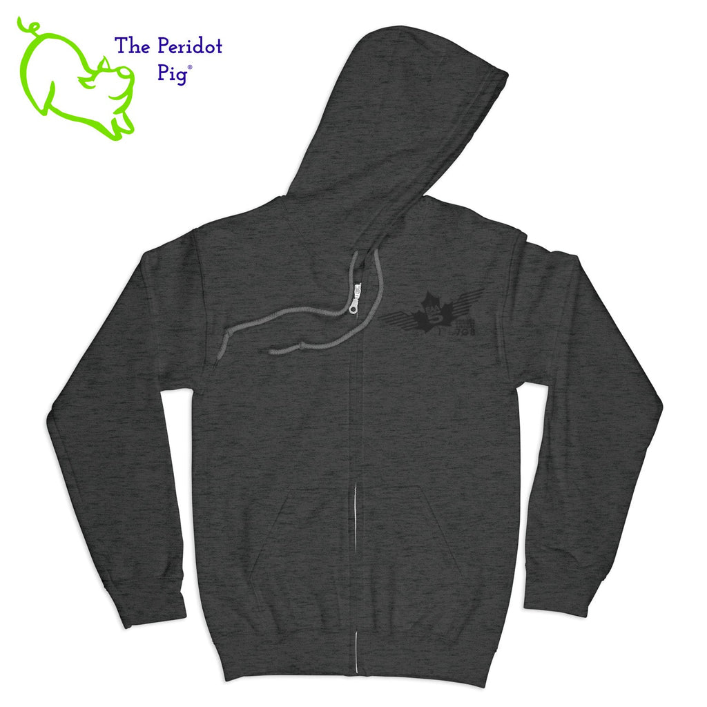 Crafted from a soft and comfortable material, this hoodie features a loose cut and the EAA Chapter 5 logo in your choice of color on the front and back. You can also chose from four different colors for the hoodie. The front has a small logo on the left chest area. The back has the larger version of the logo. Front view shown in Dark Heather Gray with black.