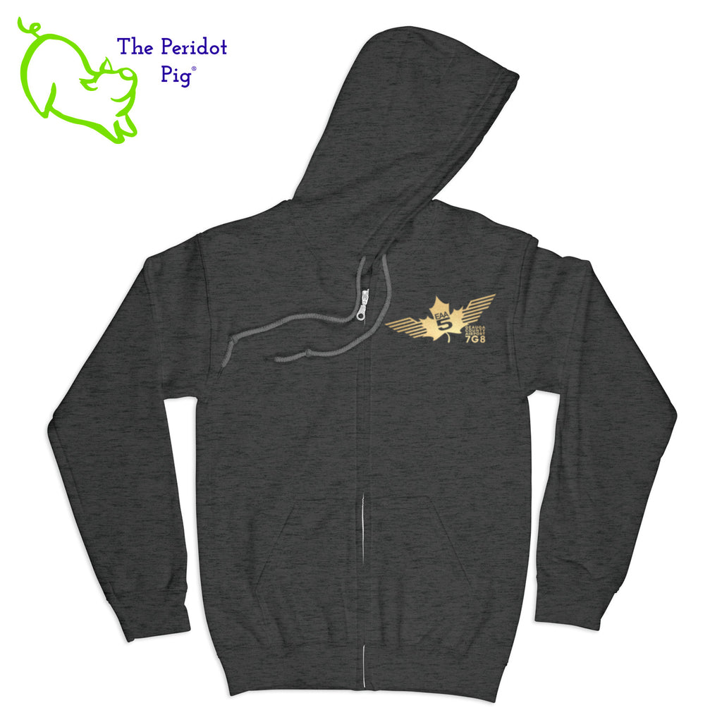 Crafted from a soft and comfortable material, this hoodie features a loose cut and the EAA Chapter 5 logo in your choice of color on the front and back. You can also chose from four different colors for the hoodie. The front has a small logo on the left chest area. The back has the larger version of the logo. Front view shown in Dark Heather Gray with gold.