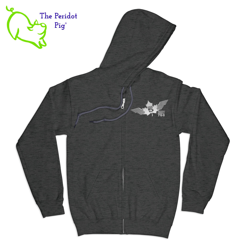 Crafted from a soft and comfortable material, this hoodie features a loose cut and the EAA Chapter 5 logo in your choice of color on the front and back. You can also chose from four different colors for the hoodie. The front has a small logo on the left chest area. The back has the larger version of the logo. Front view shown in Dark Heather Gray with silver.