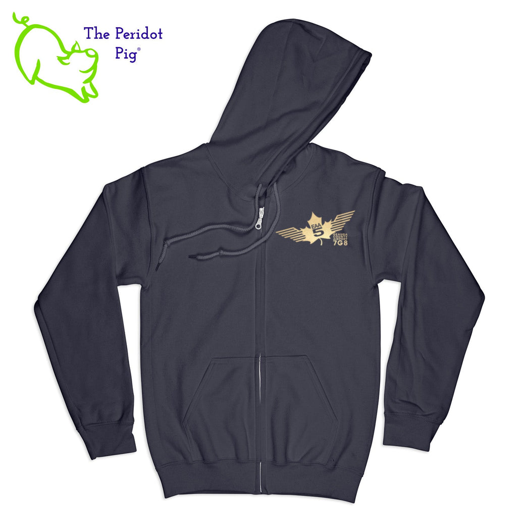 Crafted from a soft and comfortable material, this hoodie features a loose cut and the EAA Chapter 5 logo in your choice of color on the front and back. You can also chose from four different colors for the hoodie. The front has a small logo on the left chest area. The back has the larger version of the logo. Front view shown in Navy with gold.