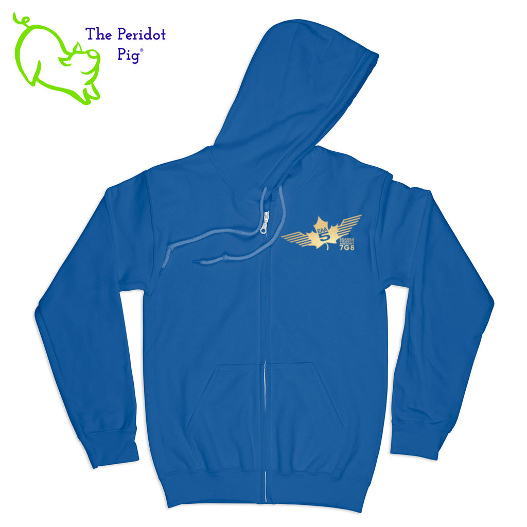 Crafted from a soft and comfortable material, this hoodie features a loose cut and the EAA Chapter 5 logo in your choice of color on the front and back. You can also chose from four different colors for the hoodie. The front has a small logo on the left chest area. The back has the larger version of the logo. Front view shown in Royal with gold.
