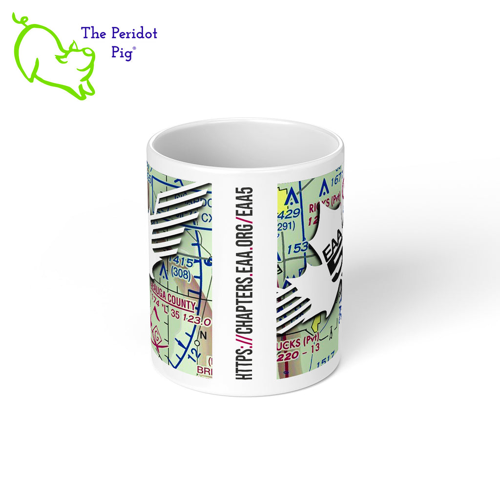 The perfect coffee mug for the EAA Chapter 5 member or fan. These glossy white mugs are printed with a snapshot of an Geauga County aeronautical chart with the EAA Chapter 5 logo and URL on top. Printed using vibrant color in a permanent ink. Center view shown.