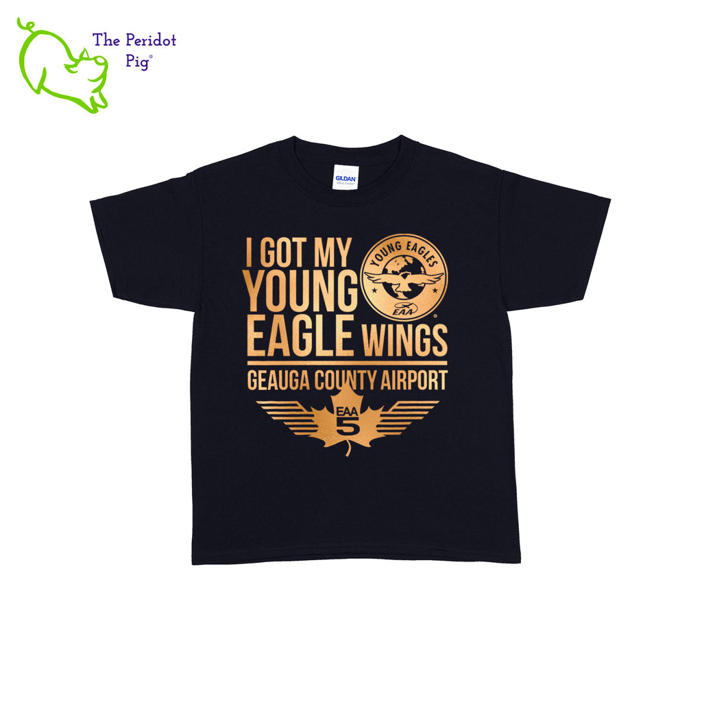 Make your Young Eagles flight a memorable one with this stylish EAA Chapter 5 Young Eagles Youth T-Shirt! Choose from five awesome shirt colors and four logo colors, with the iconic EAA Chapter 5 and Young Eagles logos printed on the front. Front view shown in Navy with gold.