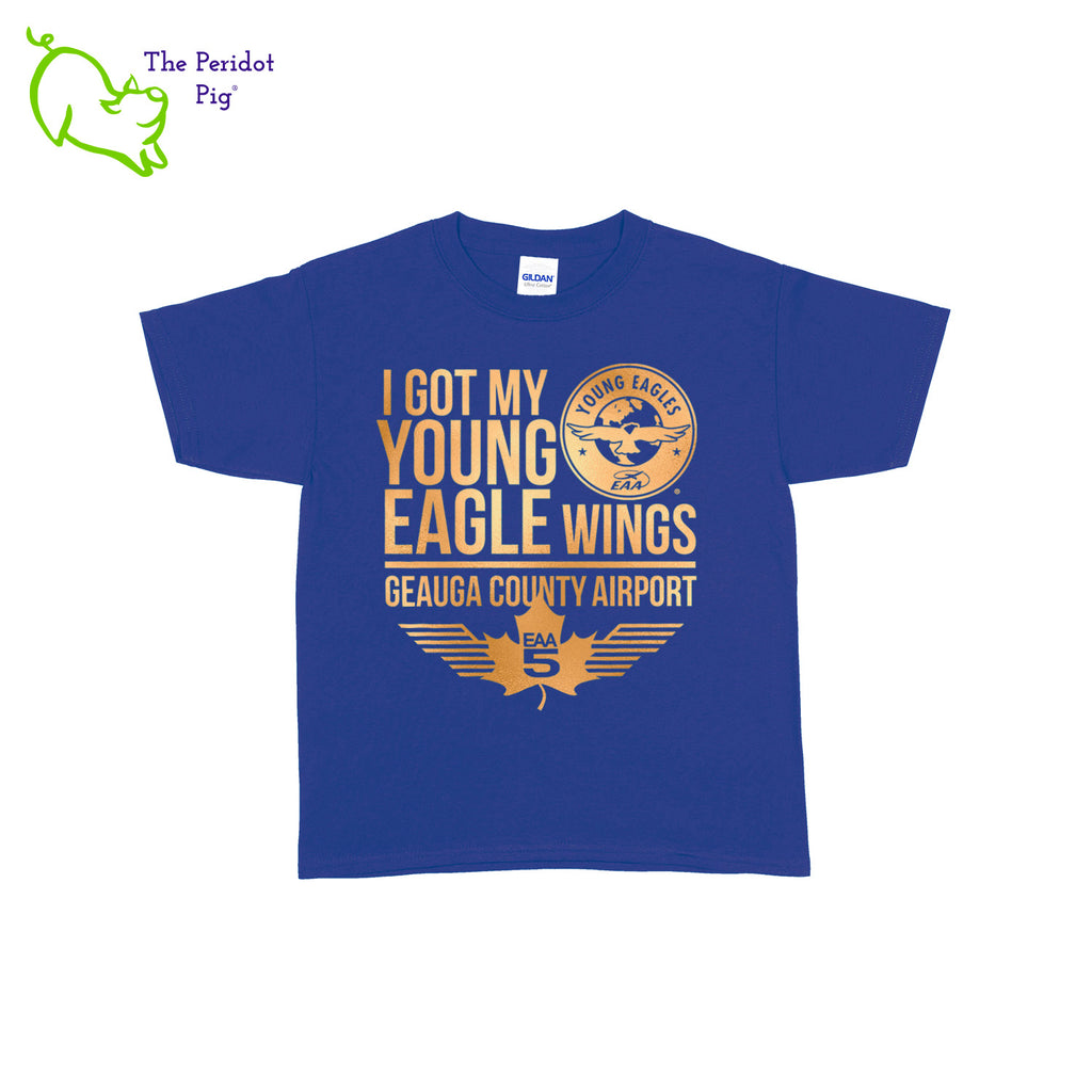 Make your Young Eagles flight a memorable one with this stylish EAA Chapter 5 Young Eagles Youth T-Shirt! Choose from five awesome shirt colors and four logo colors, with the iconic EAA Chapter 5 and Young Eagles logos printed on the front. Front view shown in Royal with gold.