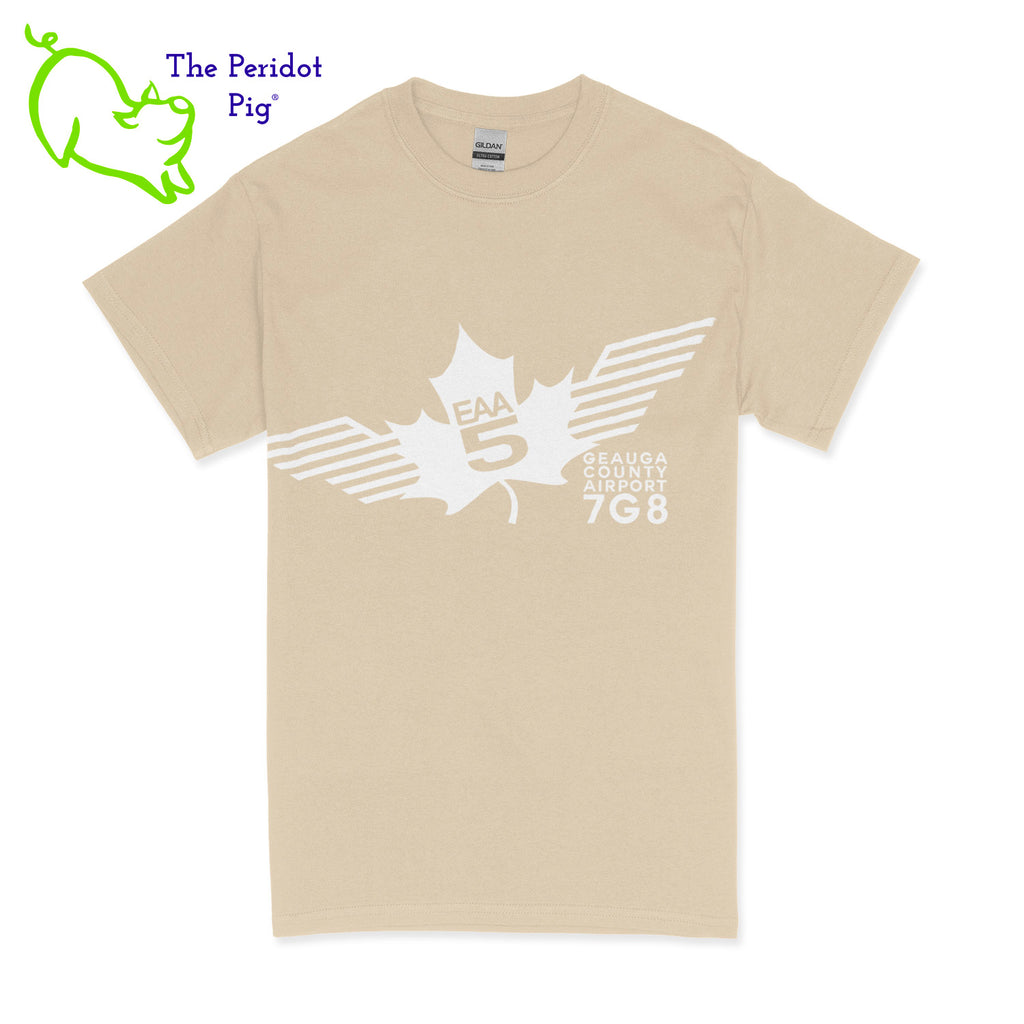 Crafted from a soft and comfortable material, this t-shirt features a loose cut and the EAA Chapter 5 logo in your choice of color on the front. You can also chose from five different colors for the shirt. The back is left blank for a classic, minimalist look. Front view shown in Sand with white.