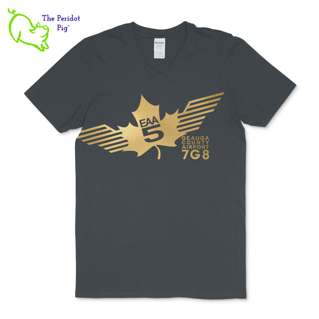 Crafted from a soft and comfortable material, this t-shirt features a loose cut, v-neck collar style and the EAA Chapter 5 logo in your choice of color on the front. You can also chose from three different colors for the shirt. The logo is located on the front and slightly wraps around the side of the shirt. Front view shown in Charcoal with gold.